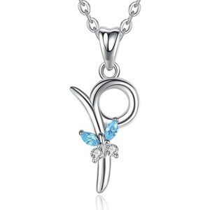 Letter P Silver Butterfly Initial Elegant Necklace 18"